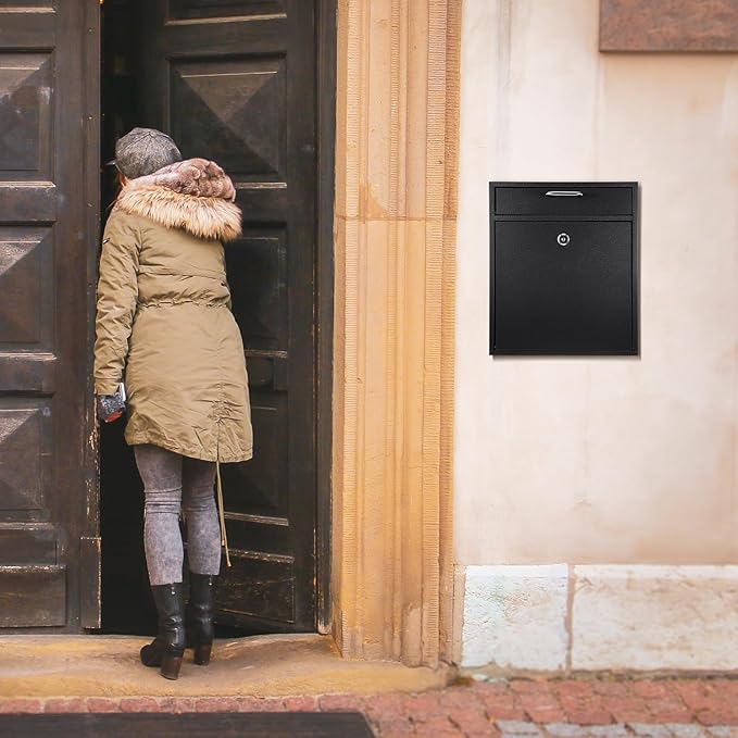 Locking Mailbox with Key for Outdoor 12 x 10.5 x 4.7 Inches Large Wall Mount Mail Box with Lock Security Mail Drop Metal Collection Boxes Hanging Secure Postbox(Black)