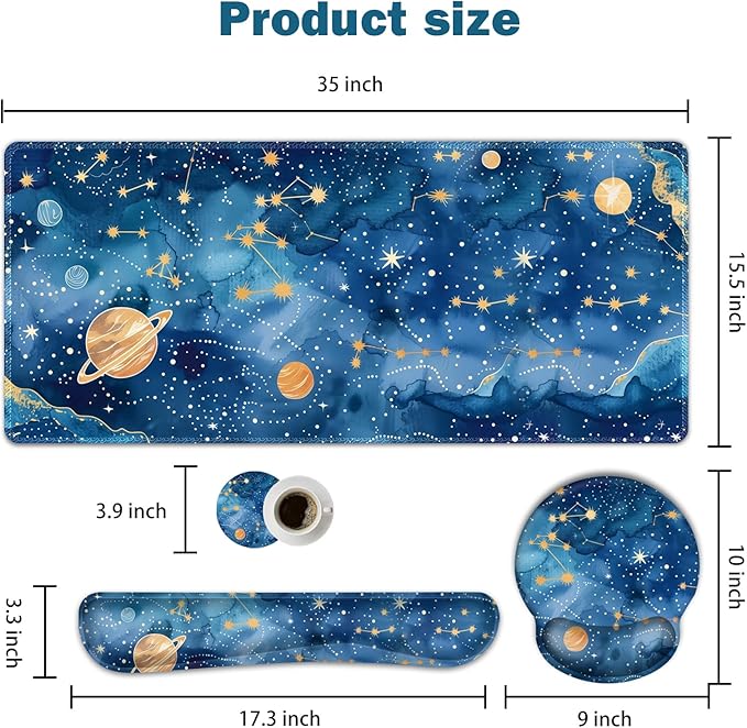 ARTSO Large Mouse Pad and Keyboard Wrist Rest, Ergonomic Mouse Pad with Wrist Support, Non-Slip Desk Mat Protector for Office, Home -Blue Planet Galaxy