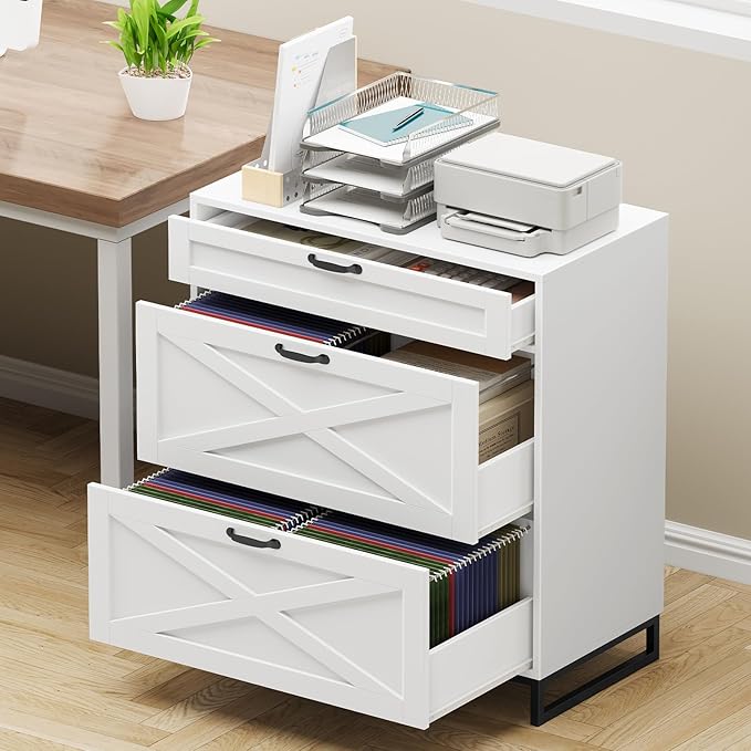 File Cabinet 3 Drawers Lateral File Cabinet for Letter/Legal/A4 Size Hanging Files, Large Wood File Storage Cabinets Printer Stand for Home Office, White and Black