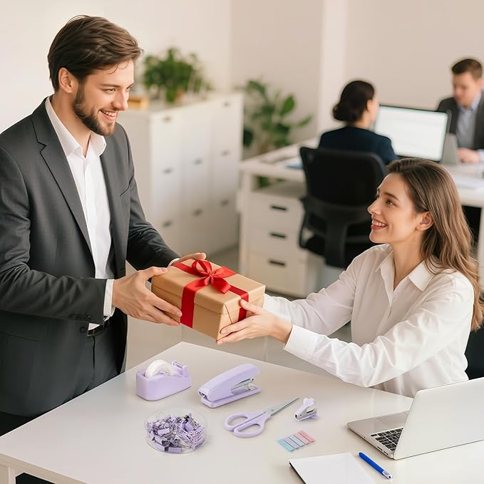 Purple Office Supplies, Office Supplies and Accessories, Office Desk Set with Stapler, Tape Dispenser, Staple Remover, Clips and Scissors for Women, Boss Lady, Coworkers, Desk Caddy, Office Clerks