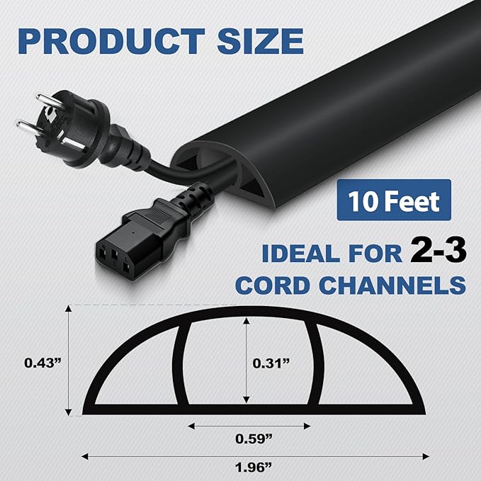 Floor Cord Cover for Wires on Floor Self Adhesive Cord Hider Floor Cable Management Wire Covers for Cords Protector Prevent Cable Trips Cord Cavity W 0.59" x H 0.31", Black, 10Ft