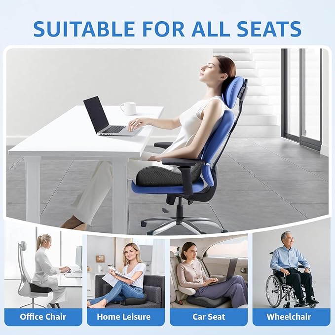 Extra Large Office Chair Cushion, 19" x 17" Ergonomic Memory Foam Seat Cushion for Tailbone, Back, Sciatica & Hip Pain Relief, Booster Pad for Sitting & Driving, Removable Washable Cover, Black