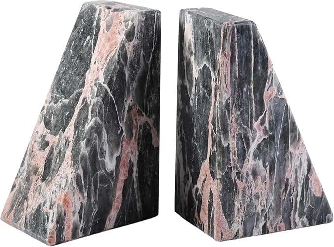 Koville Marble Bookends for Shelves, Large Bookends for Heavy Books, Natural Stone Book Stopper for Books CD Movies, Aesthetic Decorative Book Ends (Grey&Pink)