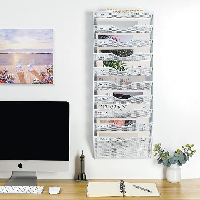 PAG Hanging Wall File Holder Organizer Mail Sorter Literature Rack for Office, 10 Pockets, White
