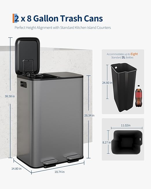 GarveeHome 2 x 8 Gallon Stainless Steel Double Trash Can with Lid for Kitchen, Large Dual Trash and Recycle Bin Combo, Step-on Kitchen Metal Garbage Cans, PP Inner Buckets, Liner Rim, Matte Grey
