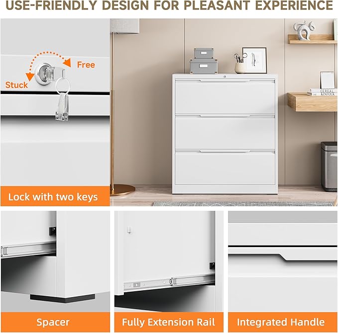 Lateral File Cabinet, 3 Drawer Lateral File Cabinet with Lock, Lockable Metal File Cabinet for Home Office, File Cabinet for Letter/Legal/F4/A4 Size (White, 3 Drawer)