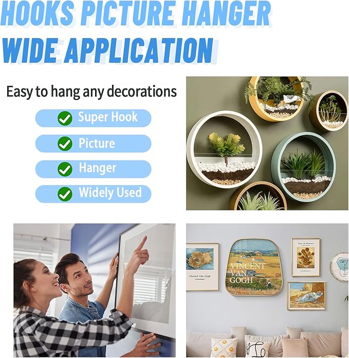 20pcs Black Super Hook Picture Hangers and Office Pack, Drywall Hooks for Hanging Pictures, Wall Hooks, Picture Hangers, Picture Hanging Kit,Hang Art, Clock, Shelves, Mirrors