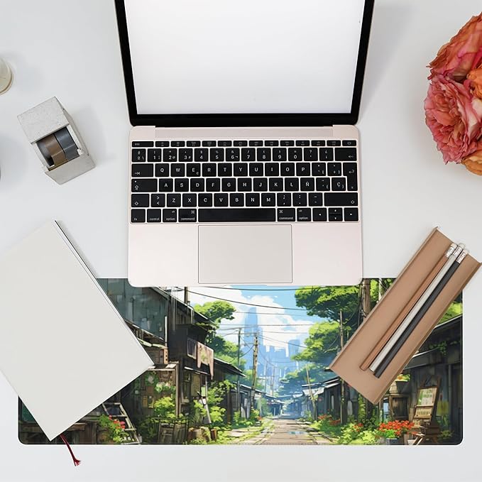 Anime Abandoned Town Desk Mat, Large Gaming Mouse Pad with Non-Slip Base and Stitched Edge, 31.5"x11.8"
