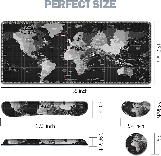 AIMSA Large Gaming Mouse Pad Set, Keyboard Wrist Rest Support Mouse Pad, Ergonomic Memory Foam Multifunctional Extended Desk Mat 35x15.7in Anti-Slip Rubber Base for Office Home, Black World Map
