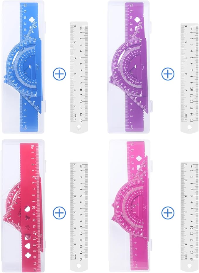 Honagu Triangular Ruler Set, 4+1Pieces Aluminum Alloy Ruler, Metal Drafting Ruler, Geometric Protractor for Students, School Office Supplies (Red, 20cm)