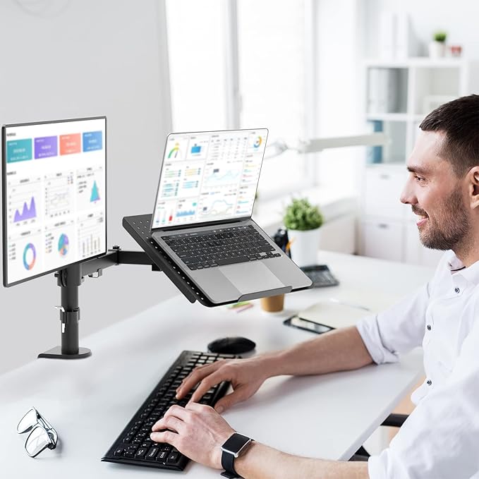 WALI Laptop and Monitor Stand, Fully Adjustable Monitor Mount and Laptop Tray for 1 Notebook up to 17 inch and 1 Screen up to 27 inch, 22 lbs, Weight Capacity (M001LP), Black