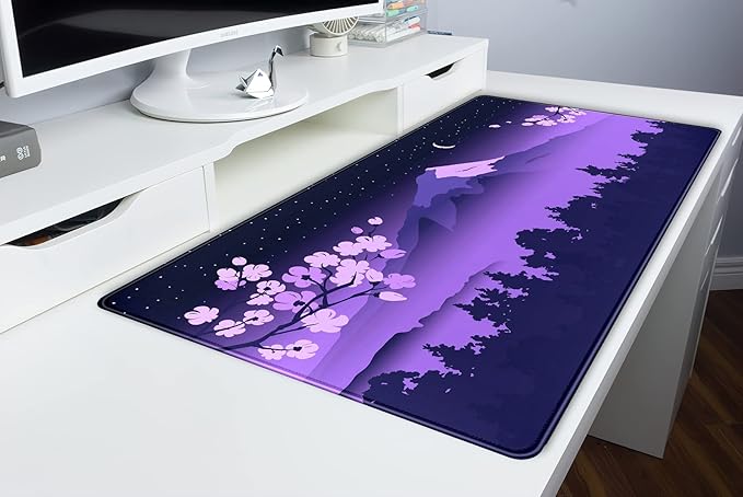 Purple Desk Mat Japanese Desk Pad Cute Fuji Mountain Gaming Mousepad Large, Cherry Blossom Mouse Pad XXL Desk Mats, Kawaii Anime Deskmats Desktop Protector Laptop Keyboard Mat Pad 31.5x15.75 in