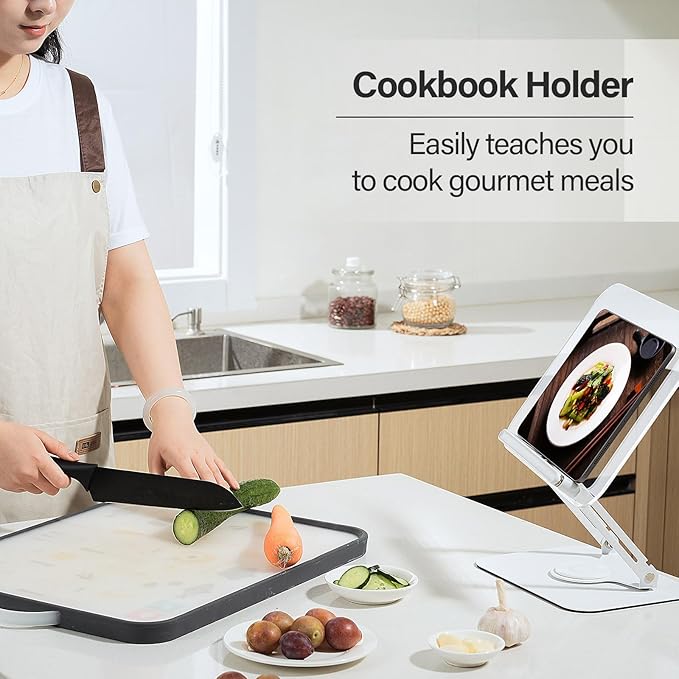 Acrylic Book Stand for Reading, Adjustable Book Holder with 360° Rotating Base & Elastic Page Clips, Foldable Desktop Riser Stand for Cookbook,Laptop,Tablet,Music Scores,Recipe,Textbook