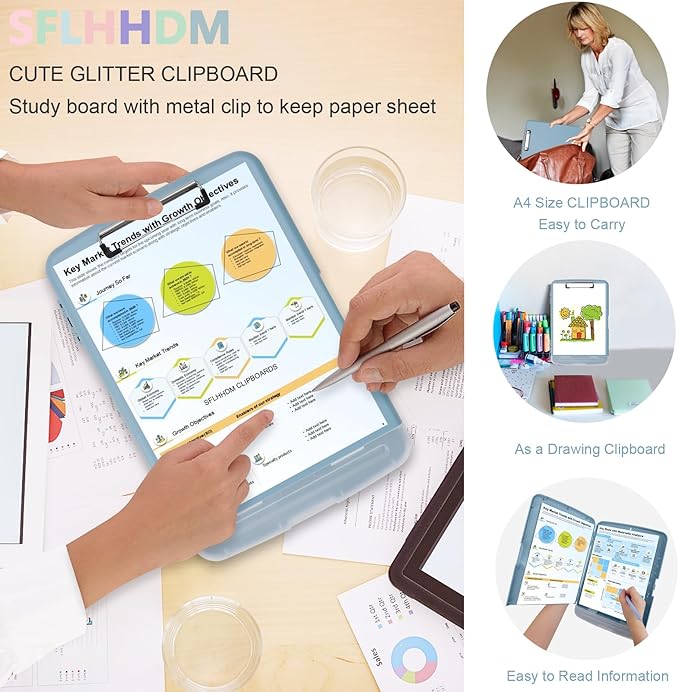 Clipboard with Storage,Storage Clipboard with Pen Holder, A4 Binder Clip Boards 8.5x11 with Low Profile Clip,Side Opening Nursing Clipboards, Clipboards Folder for Office Supplies-Light Blue