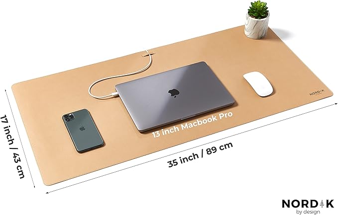 Nordik Leather Desk Mat Cable Organizer - Champagne Beige 35 X 17 inch - Premium Extended Mouse Mat for Home Office Accessories - Non-Slip Vegan Leather Desk Pad Protector & Desk Blotter Pad