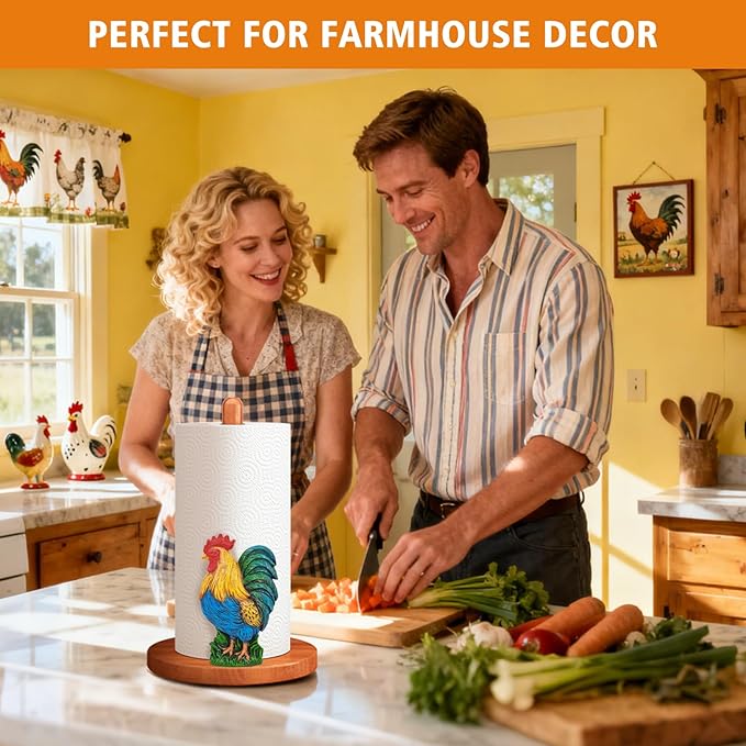 Rooster Paper Towel Holder Countertop, 3D Modern Chicken Farmhouse Kitchen Counter Decor, Cute Rooster Wooden Stand for Bathroom & Home Indoor Table Accessories, Gift for Women, Housewarming Gifts