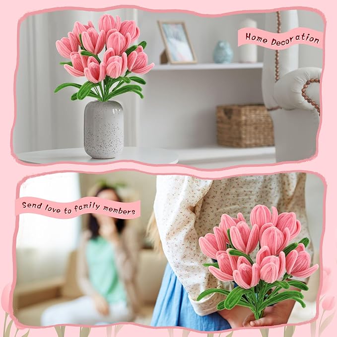 Pipe Cleaner Flowers Pink Pipe Cleaners Set Chenille Stems Green Pipe Cleaner Flower Kit Pipe Cleaners Bulk with Floral Wire Instructions for DIY Art and Craft Projects Creative(10 Flowers)