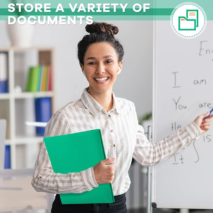 Henoyso 18 Pcs Plastic Folder with Clear Front Pocket and 3 Prong Plastic Folders with Card Slot Pocket Folders with Prongs for School Office (Green)