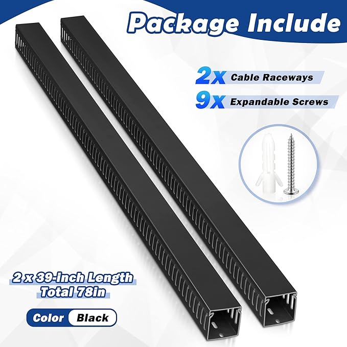 ZhiYo 2x2inCable Raceway, 6.6ft (2xL3.3ft) Server Rack Cable Management Under Desk Cord Organizer, Electrical Safe PVC Cable Channel Open Slot Wire Raceway for Network/PC/TVs, Wire Duct Black