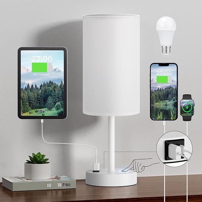 Fenmzee White Nightstand Bedroom Lamp - 3 Way Dimmable Bedside Lamp USB C A Charging Ports and AC Outlet, Small Table Lamp Linen Lampshade for Office Desk