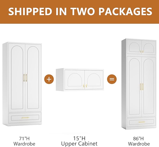Metal Armoire Wardrobe Closet with Drawer, Freestanding Wardrobe Cabinet with Hanging Rod, Large Clothing Storage Cabinet with Doors for Bedroom, 18" D x 32" W x 86" H, White, Assemble Required