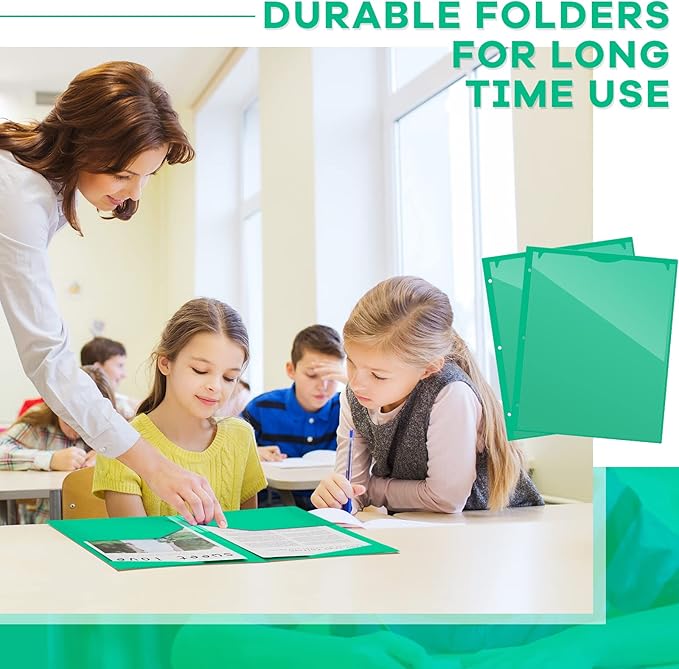 Henoyso 60 Pcs 2 Pocket Plastic Folders with Clear Front Pocket 3 Hole Punched File Folder Letter Size Take Home Documents Holder for Paper Holder Office Business Back to School Supply (Green)