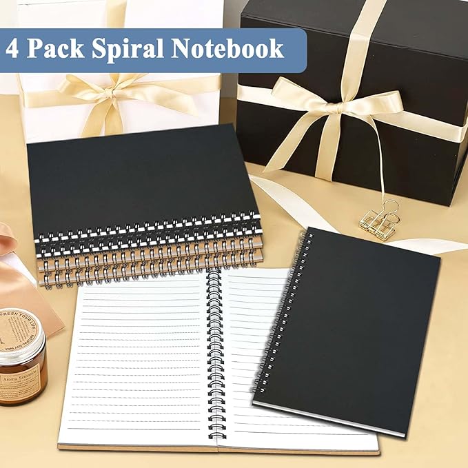 GINMLYDA 4Pack Small Spiral Notebook A5, 8.25x5.5” 120 Lined Pages Wide Ruled Spiral Journal Bulk Blank Kraft Cover Spiral Bound Notebook & Writing Pads for Home Office Meeting Work Note Taking