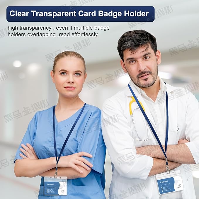 100 Pack Lanyards for ID Badges with Clear Name Tags, Reusable Lanyards Horizontal ID Card Badge Holders Plastic Name Badges for Men Women Kids Business School and Office Supplies (Dark Blue)