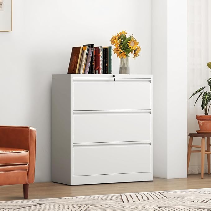 3-Drawer Lateral File Cabinet with Lock, Black Metal Filing Cabinet for Office or Home – Secure Storage for Letter/Legal/A4/F4 Documents, Easy to Assemble Locking File Organizer (White, 3 Drawer-40"H)