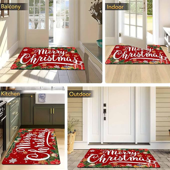 InterestPrint Merry Christmas Welcome Mat Low Profile Entrance Decoration Easy Clean Door Rug Christmas Red Doormat Outdoor Entrance for Outside Entrance Or Porch Entry, 18" x 30"Inch