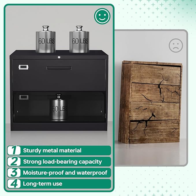 Letaya Metal Lateral File Cabinets with Lock,2 Drawer Steel Wide Filing Organization Storage Cabinets,Home Office Furniture for Hanging Files Letter/Legal/F4/A4 Size (Blcak-2 Drawer)