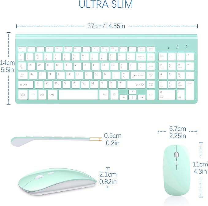 Wireless Keyboard and Mouse Ultra Slim Combo, TopMate 2.4G Silent Compact USB 2400DPI Mouse and Scissor Switch Keyboard Set with Cover, 2 AA and 2 AAA Batteries, for PC/Laptop/Windows/Mac - Mint Green