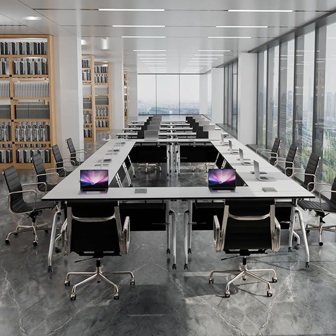 Conference Table, Folding Conference Room Tables, Mobile Training Tables with Silent Wheels, Large Rectangular Modular Seminar Table Office Computer Desks for Classroom White (6Pack L70.9in)