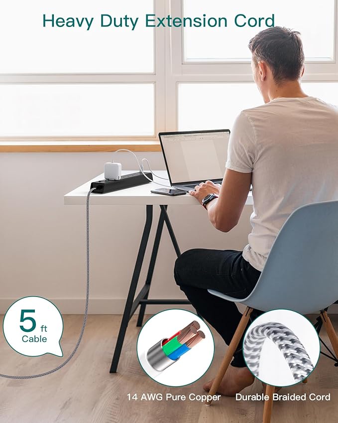 Surge Protector Power Strip - Extension Cord with Addtam 6 AC Outlets 4 USB (2 USB-C Ports), 1875W/15A, Flat Plug with Overload Surge Protection, Outlet Extender for Home Office Dorm Room Essentials