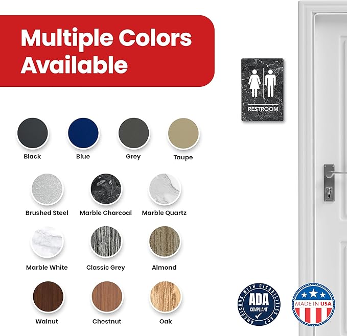 Promot Unisex Bathroom Sign – ADA Braille Restroom Sign for Business, Self-Adhesive, 9" x 6", Commercial Door Signage, Office Wall Decor - Marble Charcoal