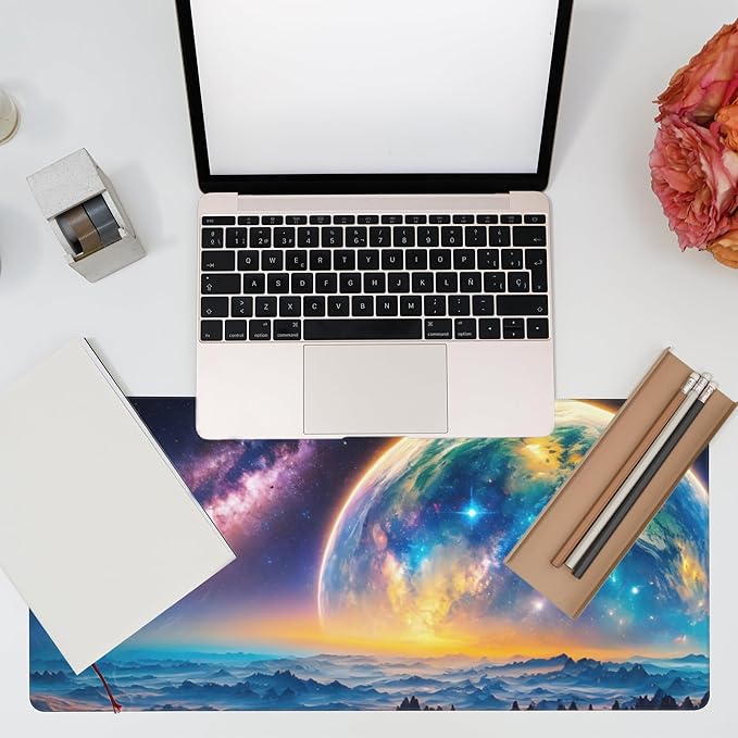 Desk Mat,Galaxy Earth Planet Desk Pad,Science Fiction Cosmic Large Gaming Mouse Pad for Desk,Extended Big Computer Keyboard Mouse Pad with Non-Slip Base and Stitched Edge,35.4"x15.7"