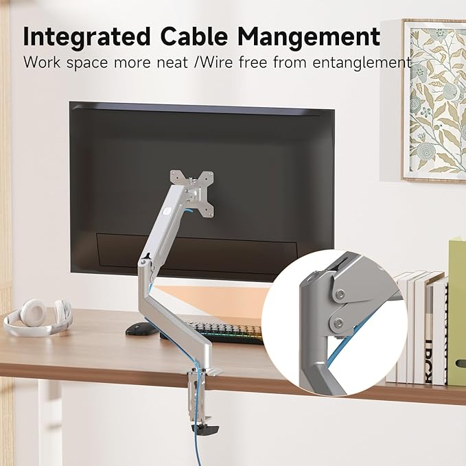 Suptek Single Monitor Mount Stand,Gas Spring Monitor Arm Desk Mount Fully Adjustable for 17 20 22 23 24 26 27 inch Monitors Weight Capacity up to 13.2 lbs (Silver)