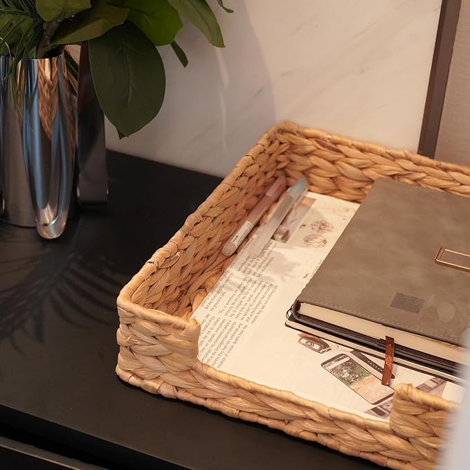 PINXIURY Water Hyacinth Letter Tray for A4 File Desk Mail Letter-Size Paper, Basket Woven Organizer, Magazine Files Storage, Office Document Organizer and Storage