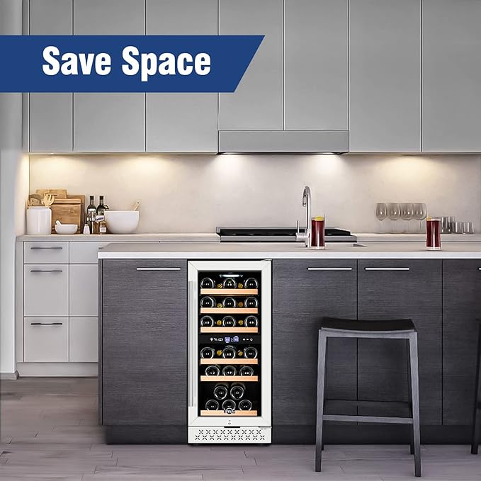 Tylza Mini Fridge 15 Inch Wine Cooler Under Counter, 30 Bottle Dual Zone Wine Fridge with Stainless Steel, Wine Refrigerator Freestanding, Built-in Wine Cellars