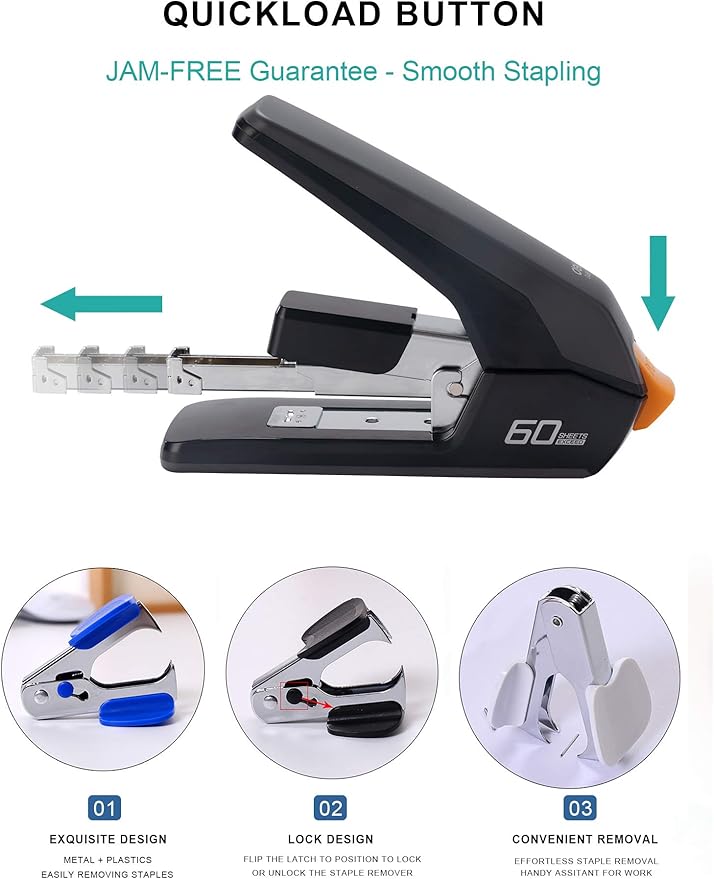 Deli Effortless Heavy Duty Stapler, One Touch Stapling, Easy to Load Ergonomic Stapler, 60 Sheet Capacity, Includes 2000 Staples and Staple Remover for Desktop