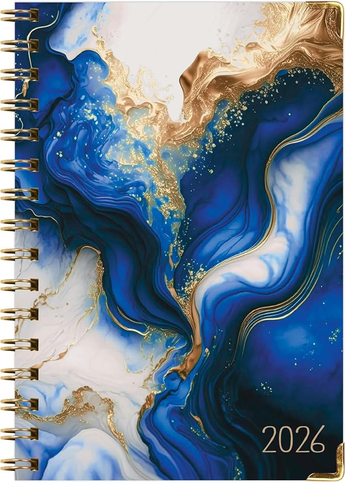 HARDCOVER 2026 Planner, 5.5"x8": 14 Months (November 2025 - December 2026), Daily Weekly Monthly Planner, Yearly Agenda, Bookmark, Pocket Folder and Sticky Note Set (Dark Blue Marble)