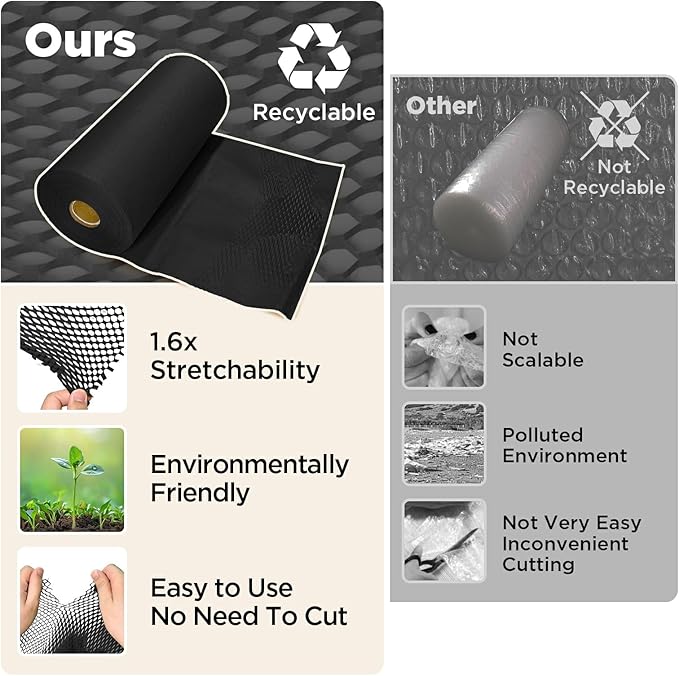 Honeycomb Packing Paper, 12"x50' Black | Perforated Honeycomb Packing Paper Recyclable Moving Supplies for Shipping & Moving | Plastic-Free Alternative to Bubble Cushion Wrap with 36 Fragile Stickers