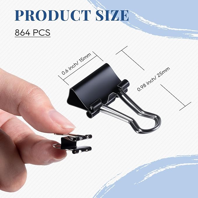 Small Binder Clips Bulk 864 PCS - Mini Binder Clips 15mm Paper Clip 5/8 Inch Paper Clamps, Micro Black Metal Binding Paperwork Clamp, School Teachers Office Supplies
