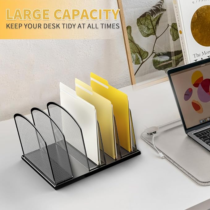 Large Size Desk File Organizer, Metal Mesh Vertical Desktop File Holder, 5-Section file organizer for Desk Home Office (1 Pack), Black