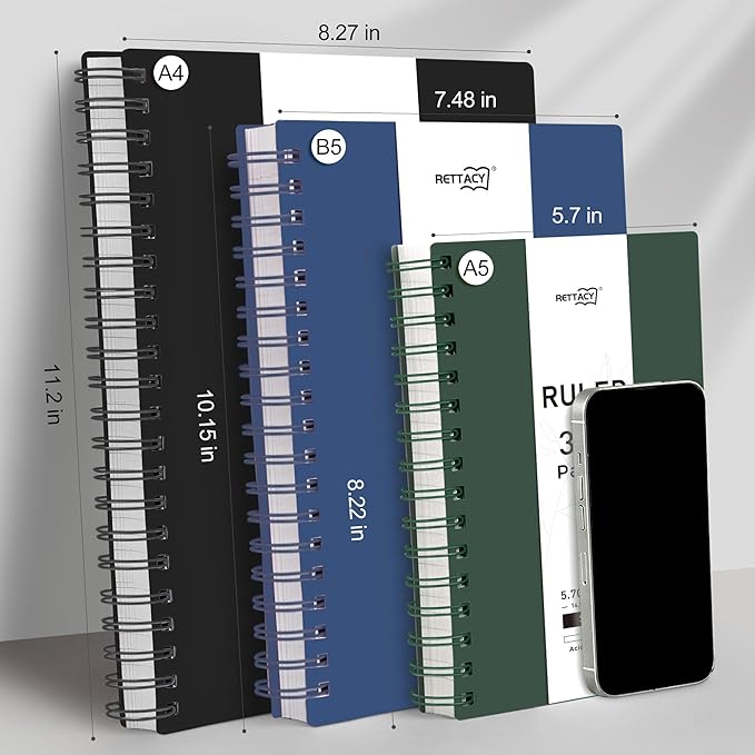 RETTACY Spiral College Ruled Notebook, 300 Pages, A5 Medium Size (5.7" x 8.2"), for School, Work, Writing, Journaling, 100 GSM Thick Paper, Flexible Plastic Cover (Black)