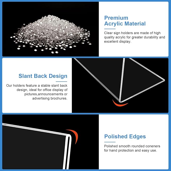 EHWINE 6 Pack 8.5 x 11 Acrylic Sign Holder Horizontal, Clear Plastic Signs Display Stand, Slanted Back Paper Holder Stand up Table Top Sign Holders Flyer Stand Frames for Office Business Store