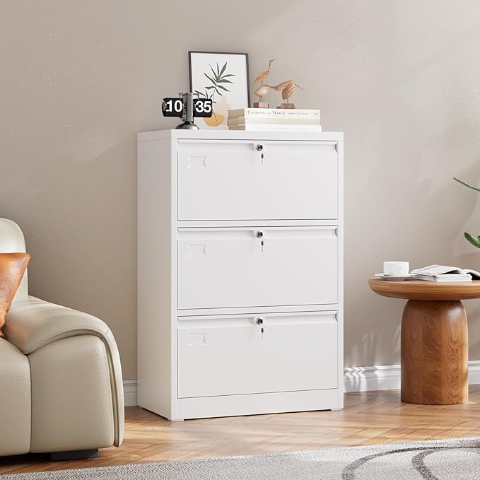 3 Drawer Lateral File Cabinet, Metal Wide Filing Cabinet with Independent Locks, Home Office Furniture for Hanging Files Letter/Legal/F4/A4 Size, Assembly Required, White