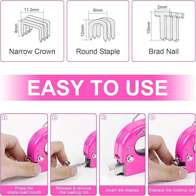 THINKWORK Heavy Duty Staple Gun, 3 in 1 Pink Staple Gun for Upholstery with 900 Staples, Nail Gun for Wood, Cable, Fabric, Wall, Material Repair, DIY Manual Stapler