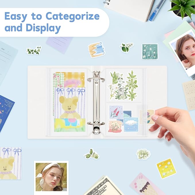 16 Pack Zippered Binder Pocket Sleeves for A7 Binder - Frosted Zipper Pouch Set Photo Card Jewelry Storage Organizer Binder Insert Refill Cash Saving Pages Protector Loose Leaf Bag (2-Hole)