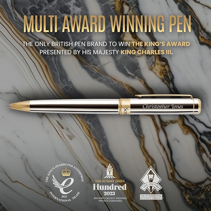 Scriveiner Personalized Silver Chrome Ballpoint Pen - Stunning Luxury Pen, Real Gold Plating, Schmidt Ink Refill, Best Engraved Ball Point Gift Set for Men & Women, Custom Name Engraving